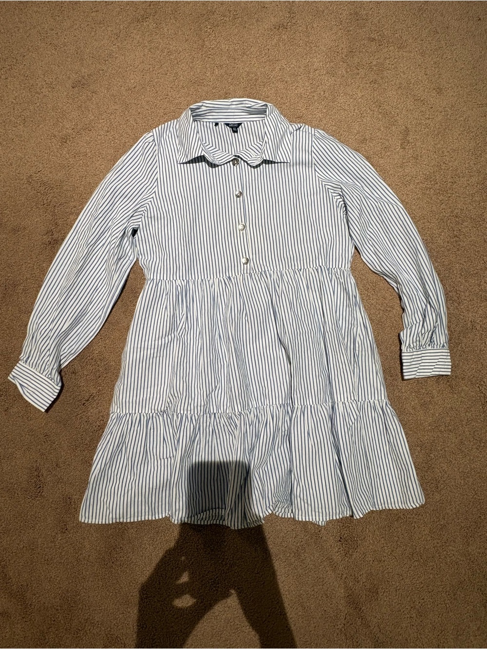 Buffalo David Bitton White and Blue Striped Long Sleeve Tiered Dress size small